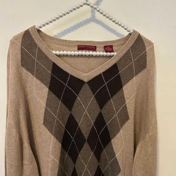 AMERICAN BLUE Sweater Mens XL Argyle Silk Rayon Cashmere Brown old money grandpa - Picture 3 of 8